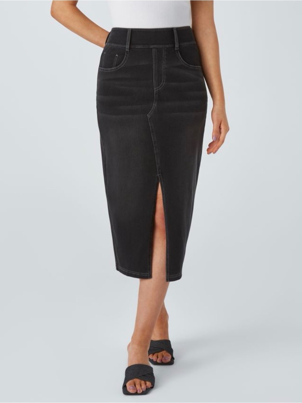 HALARA Black Midi Denim Pencil Skirt with Front Slit SizeM